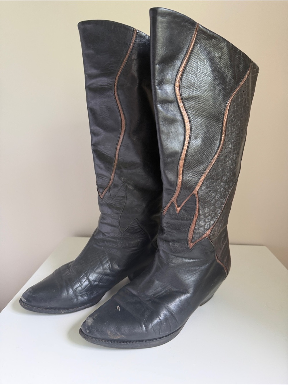 Vintage 80s Black Leather Western Cowboy Boots Metallic Bronze Flame Trim⁠